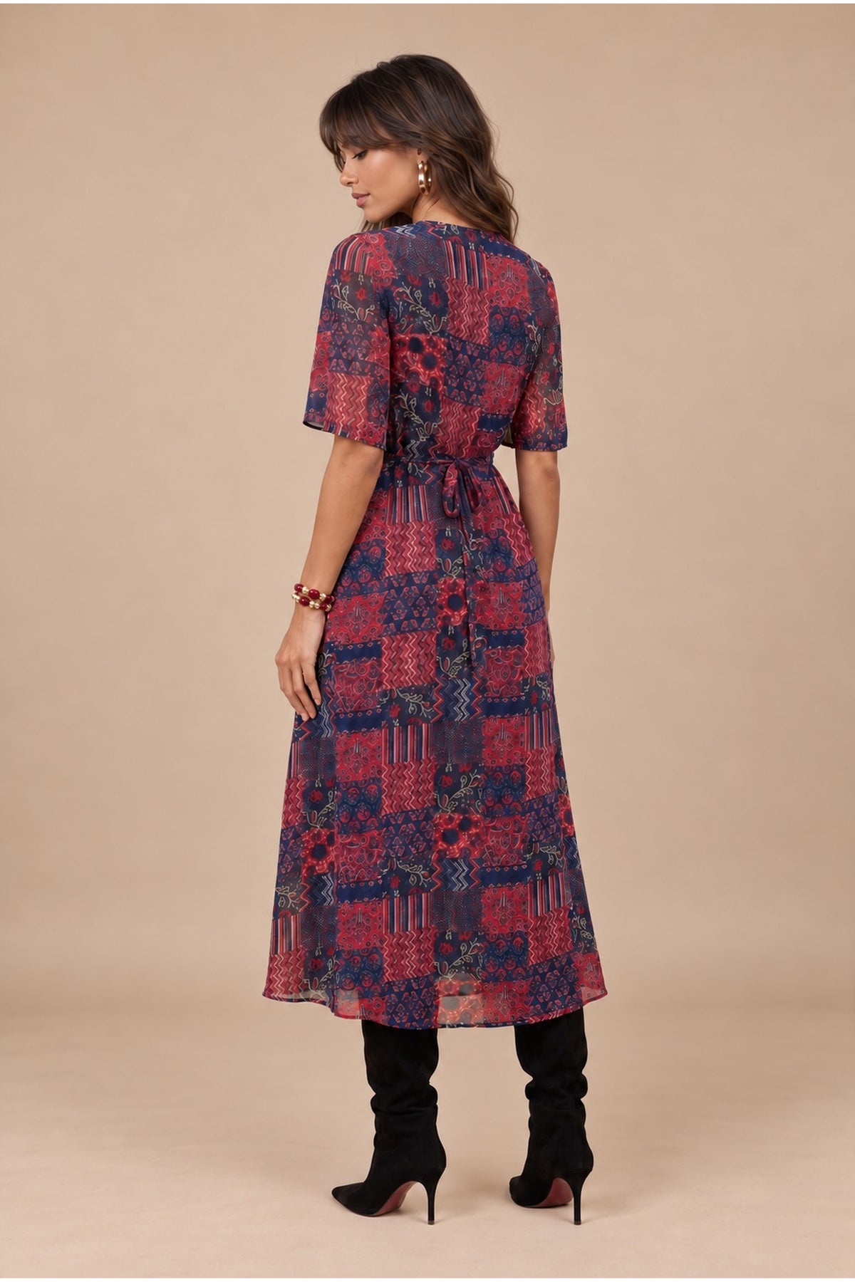 Blue Floral Knot Front Chiffon Midi Dress