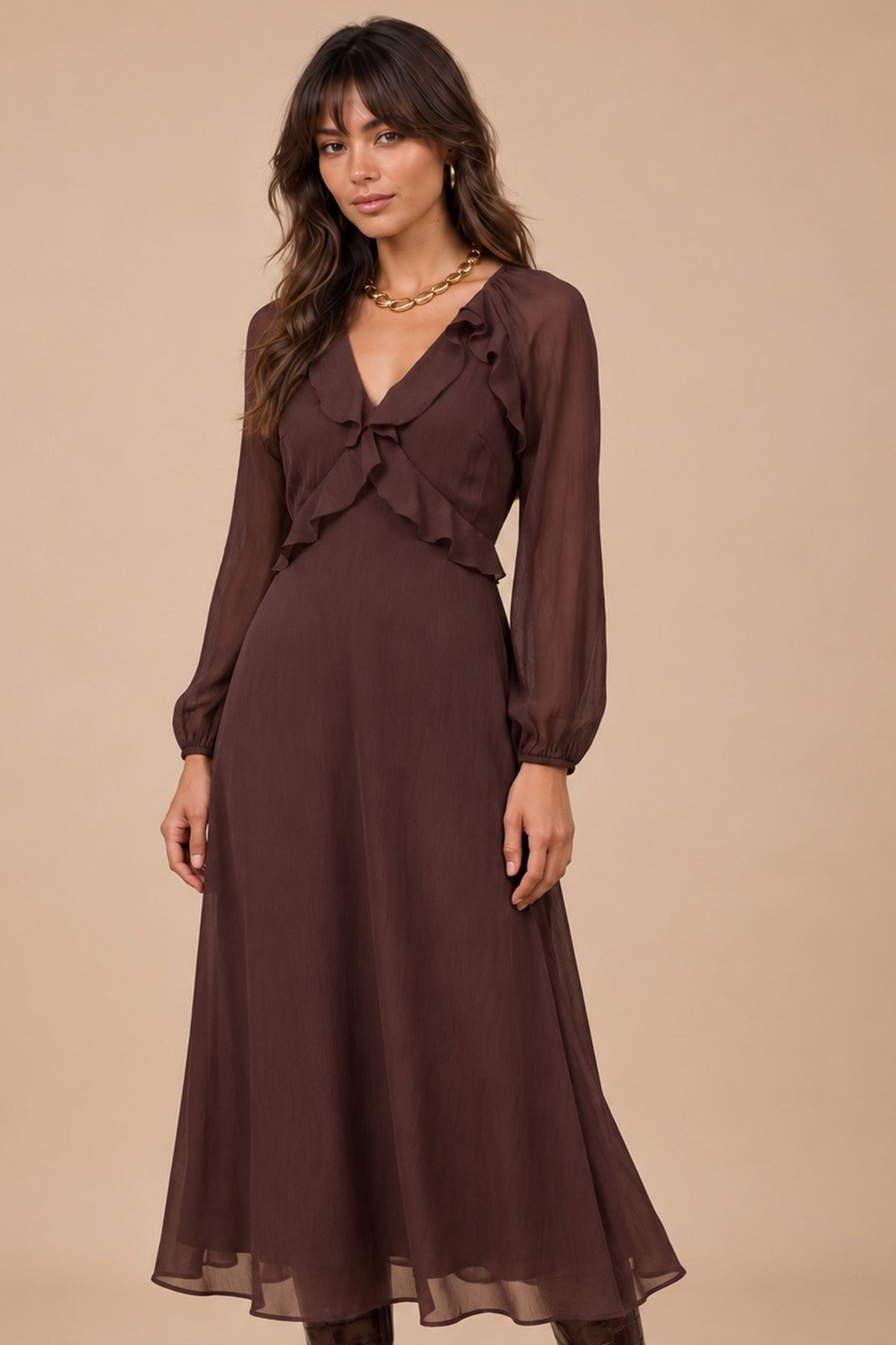 Brown Chiffon Ruffle Front Midi Dress