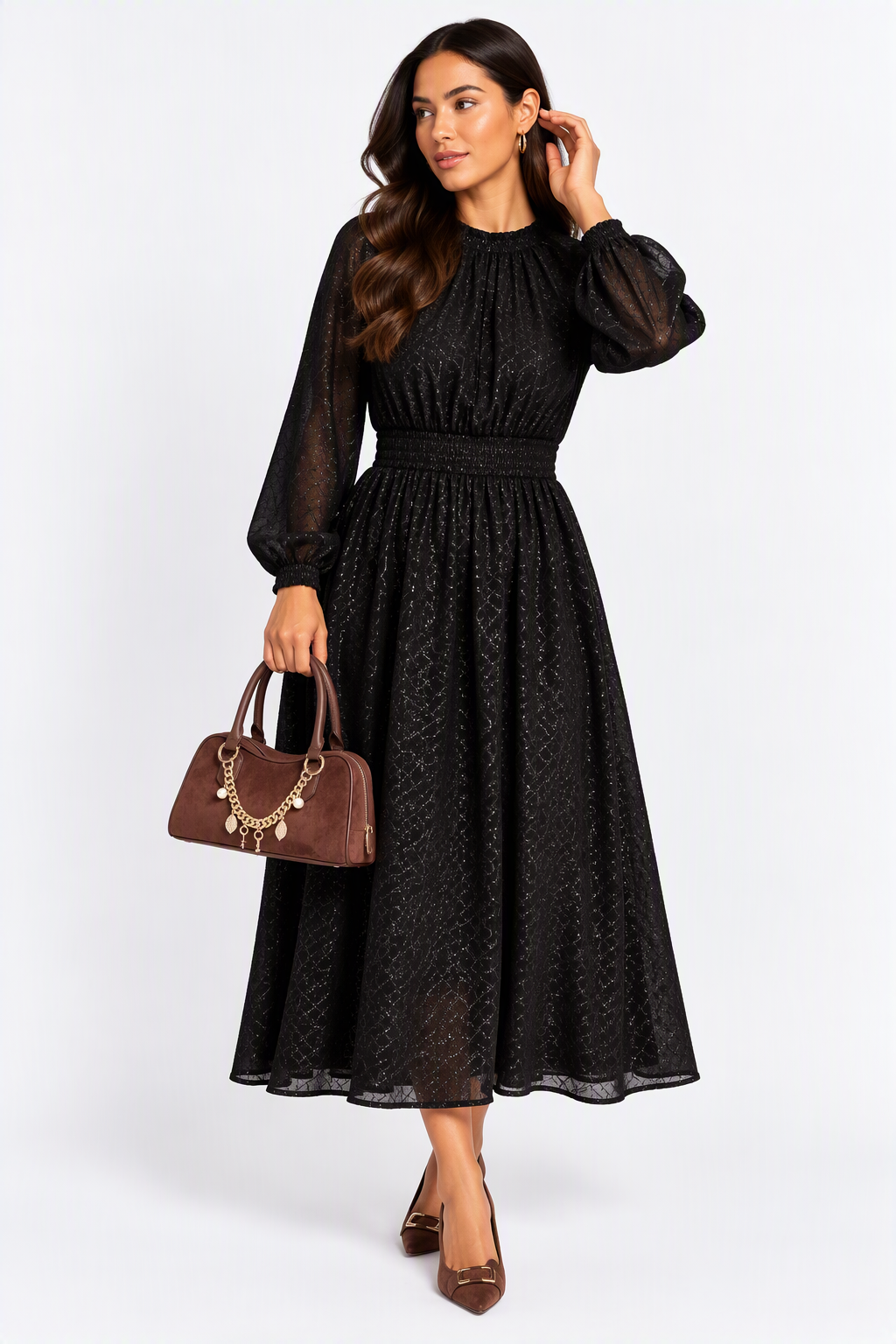 Salvia Black Metallic Texture Midaxi Dress