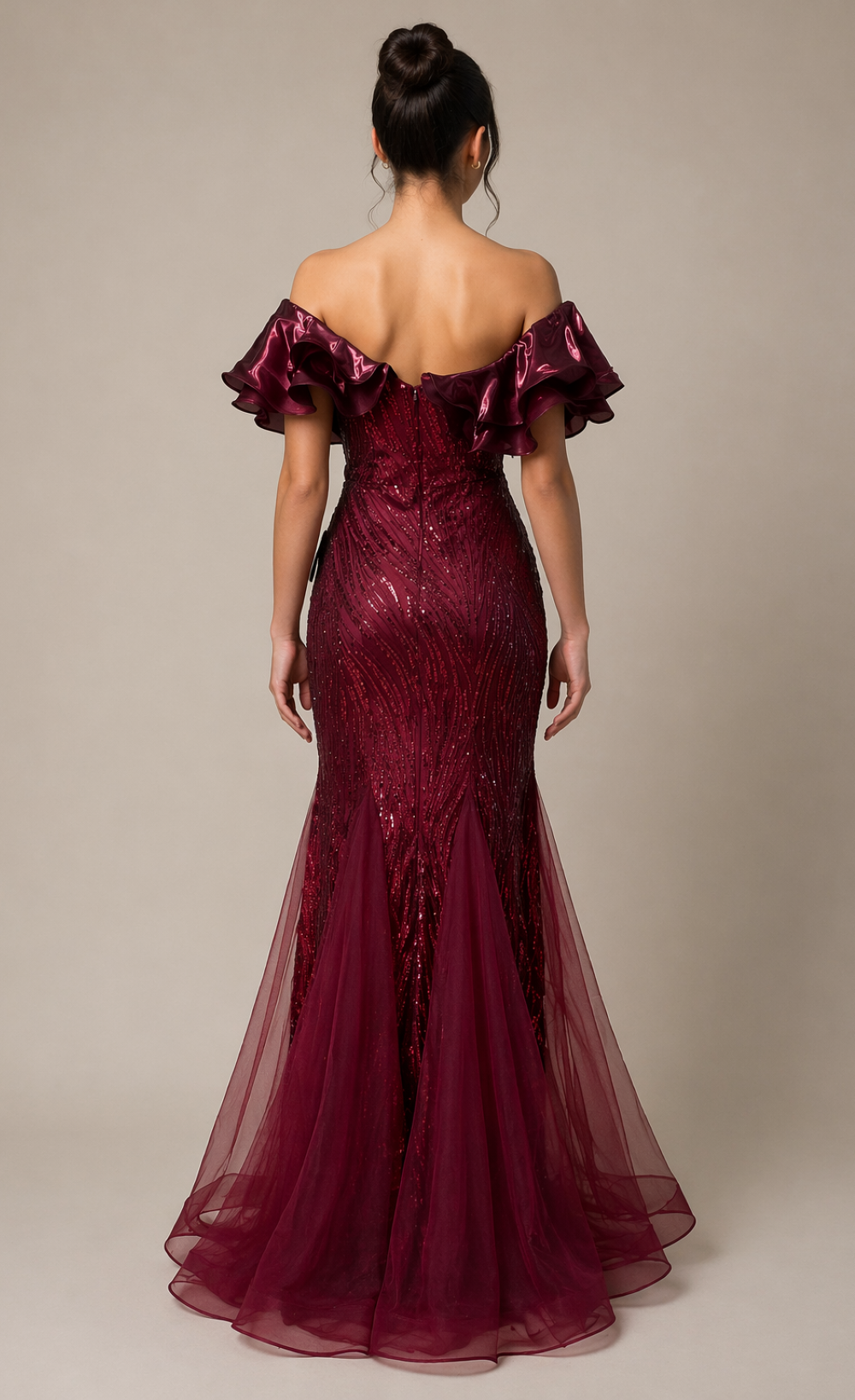 Sorelle Maroon Embellished Ruffle Maxi Dress