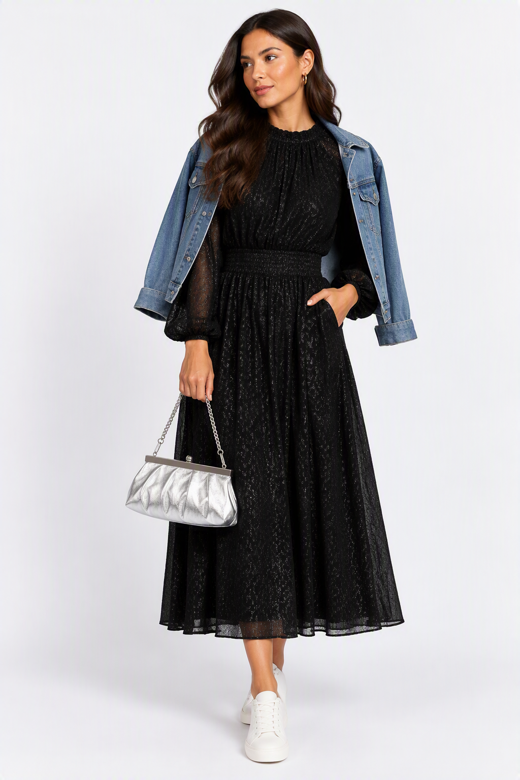 Salvia Black Metallic Texture Midaxi Dress