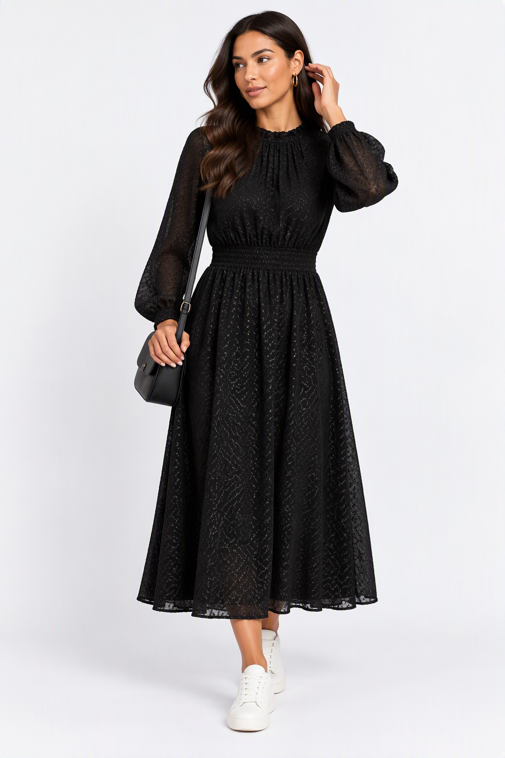 Salvia Black Metallic Texture Midaxi Dress