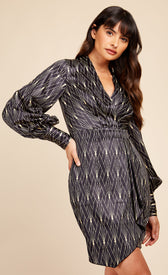 Black Deco Print Mock Wrap Mini DressDressesMock Wrap DressLittle Mistress