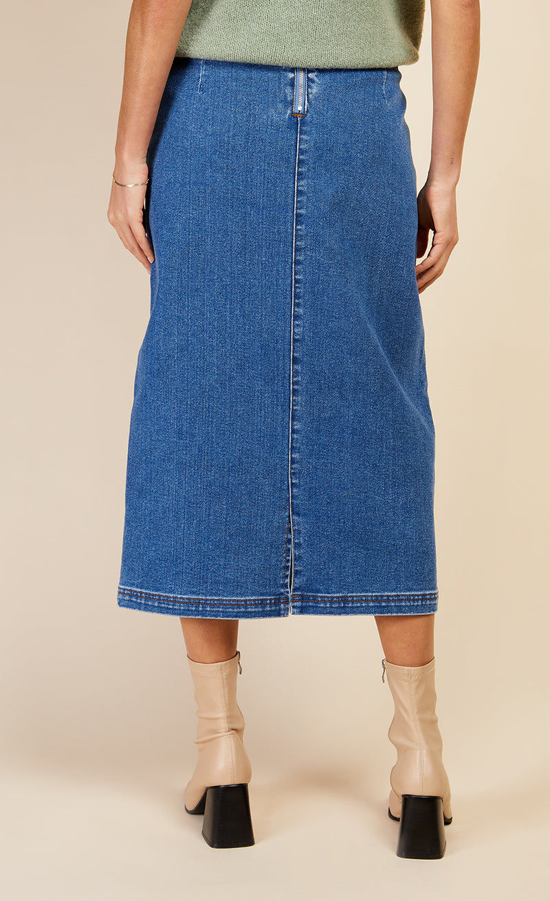 Mid-Blue Denim Midi Pencil Skirt by Vogue Williams