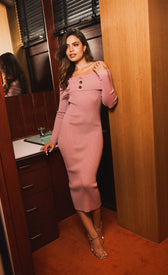 Ondine Mink Knitted Bardot Midaxi Dress worn by a model in an elegant indoor setting.