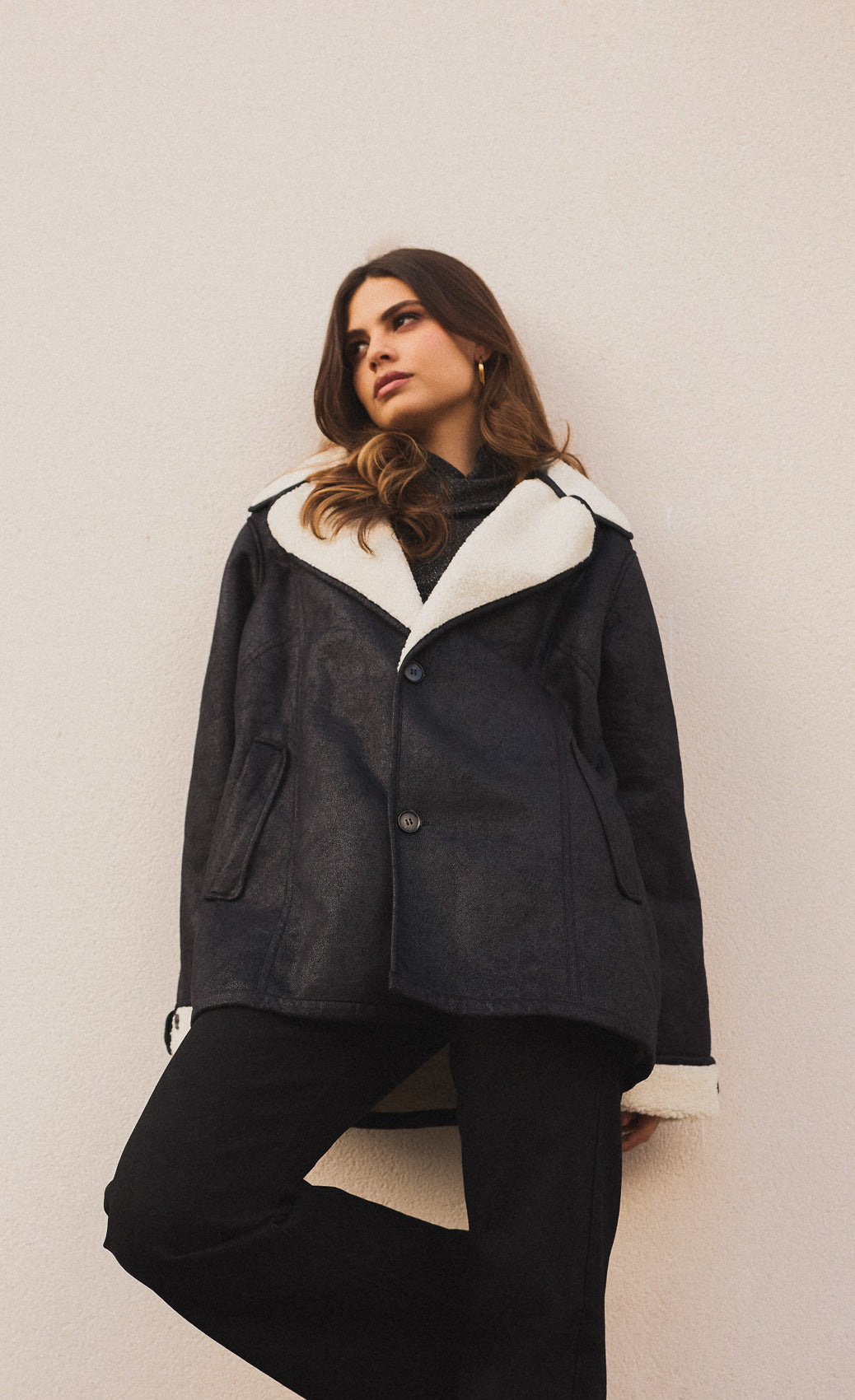 Amara Black Suede Contrast Lining Borg Jacket