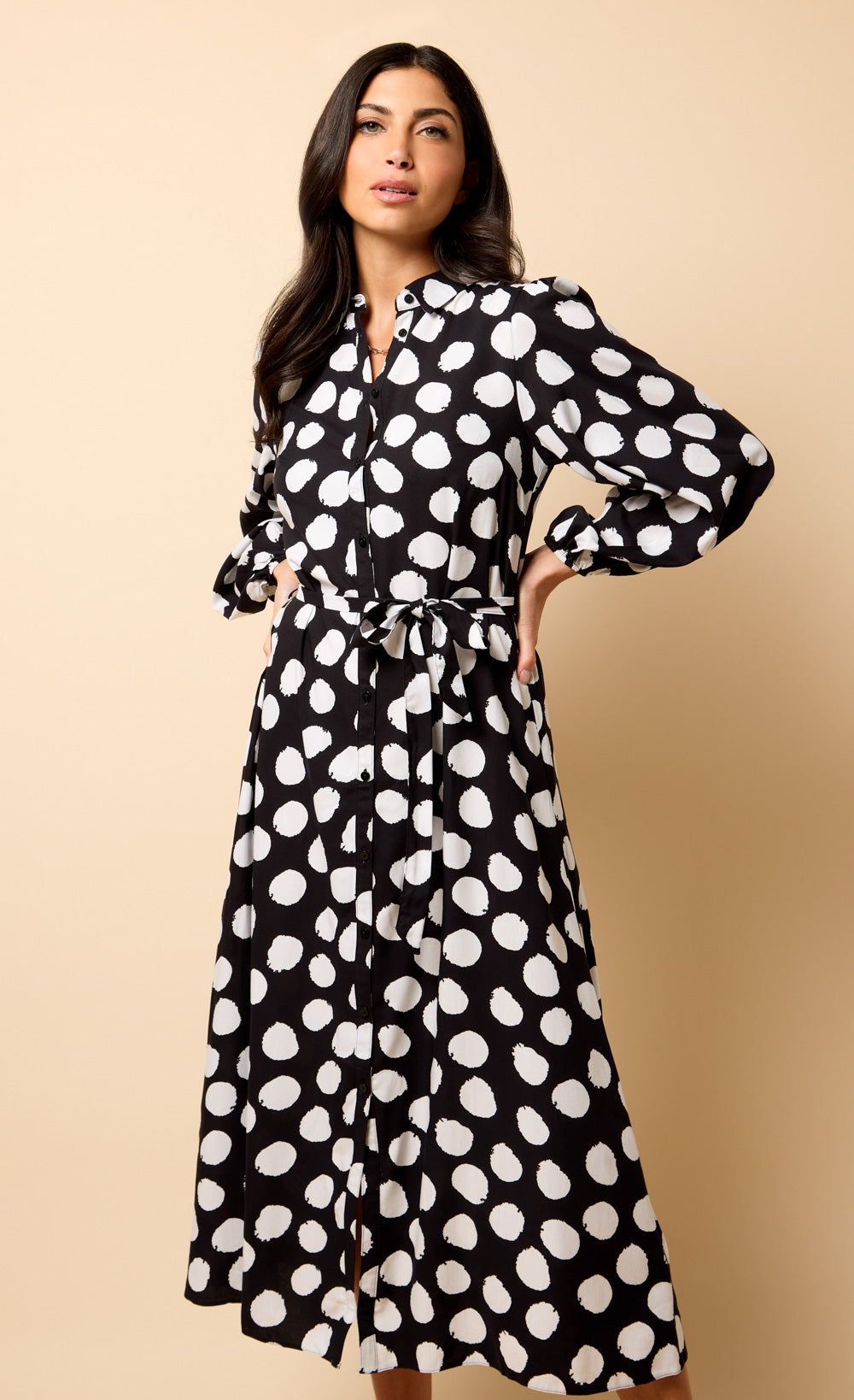 Saffron Amber Monochrome Spot Print Midi Dress
