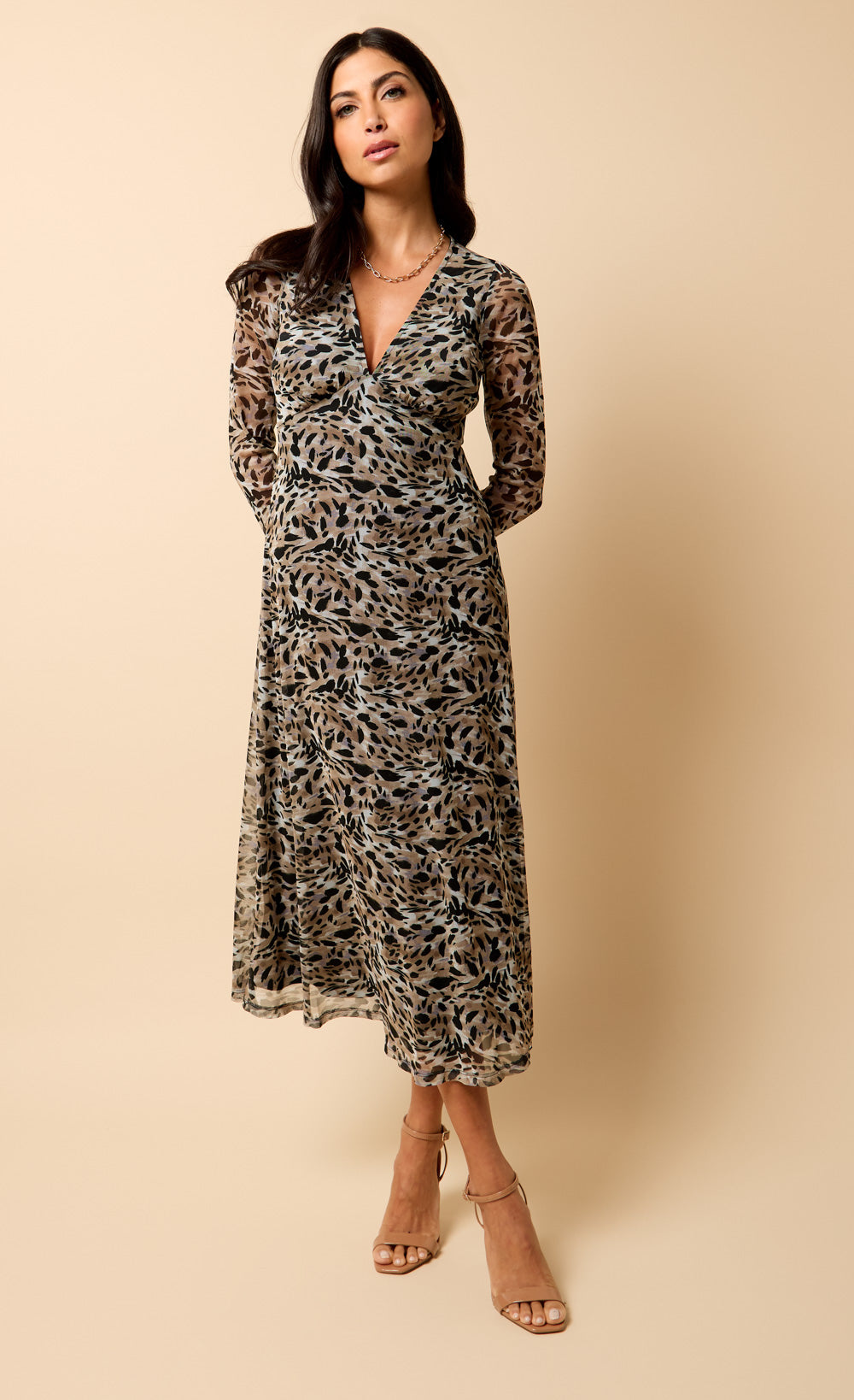 Saffron Amber Animal Print Mesh Midi Dress