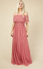 Nadine Bridesmaid Rose Embellished Bardot Maxi Dress