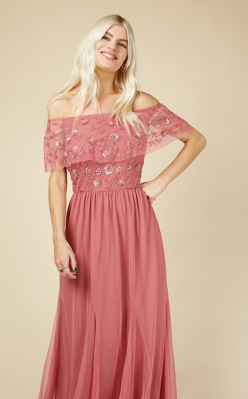 Nadine Bridesmaid Rose Embellished Bardot Maxi Dress