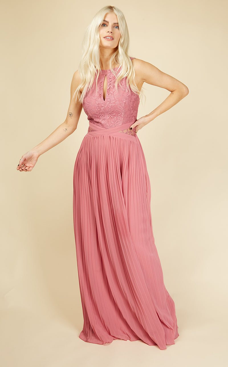 Debra Bridesmaid Rose Lace Bodice And Pleat Maxi Dress