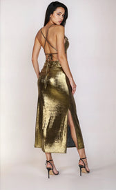 Gold Satin Cowl Neck Midi Dress by Chloe LewisDressesMidi DressLittle Mistress