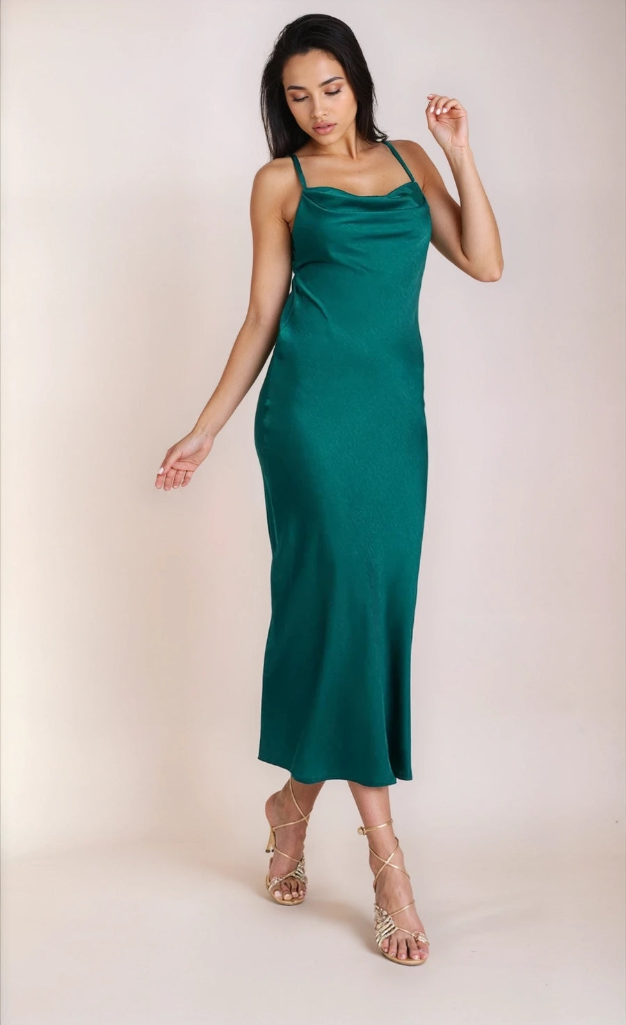 emerald green floral strappy satin cowl midi dress Emerald Green Satin Cowl Neck Midi Dress by Chloe Lewis