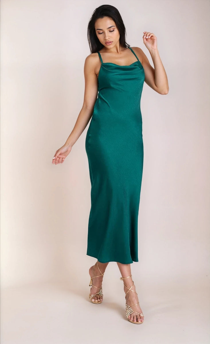 Light Cowl Neck Dark Green Silk Slip Dress Emerald Green Satin Cowl Neck Midi Dress By Light Cowl Neck Dark Green Silk Slip Dress Emerald Green Satin Cowl Neck Midi Dress By