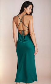 Emerald Green Satin Cowl Neck Midi Dress by Chloe LewisDressesCowl Neck DressLittle Mistress