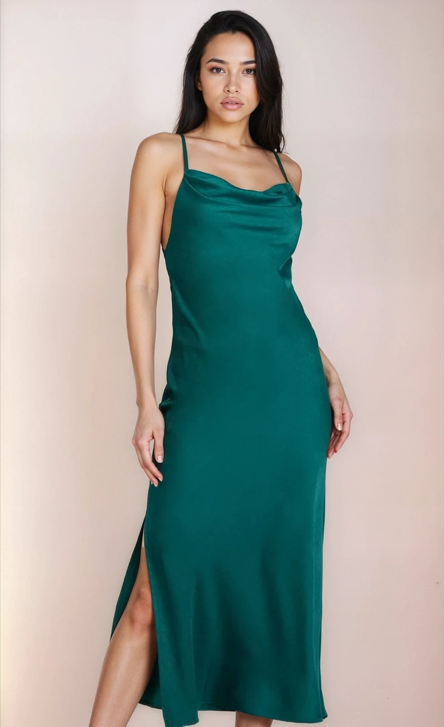 Emerald Green Satin Cowl Neck Midi Dress by Chloe Lewis