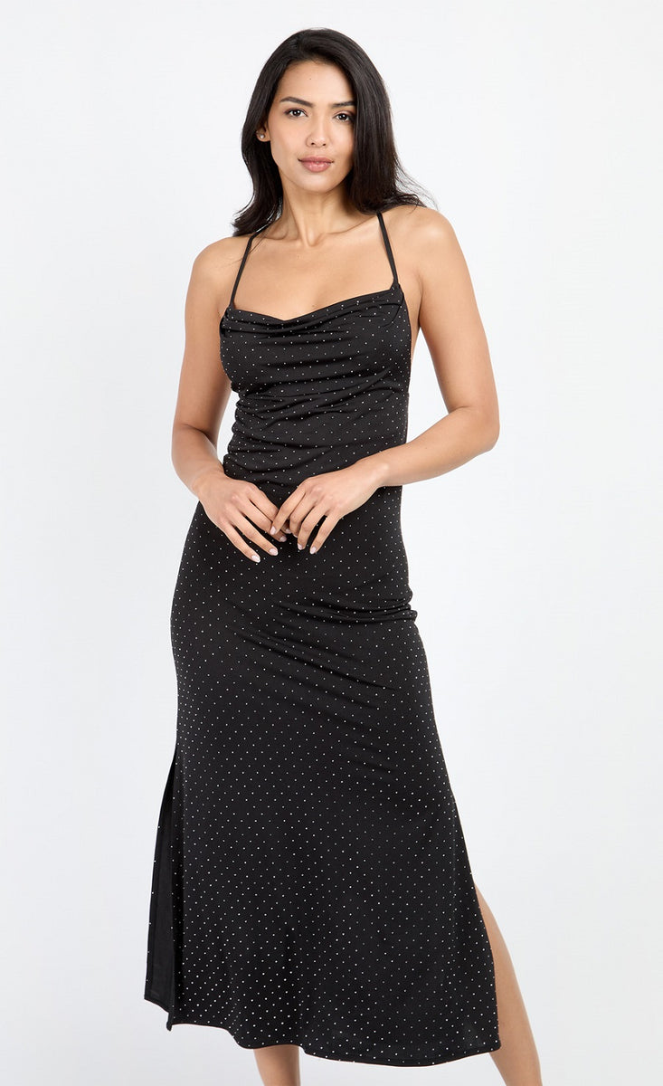 Black Embellished Cowl Neck Midi Dress