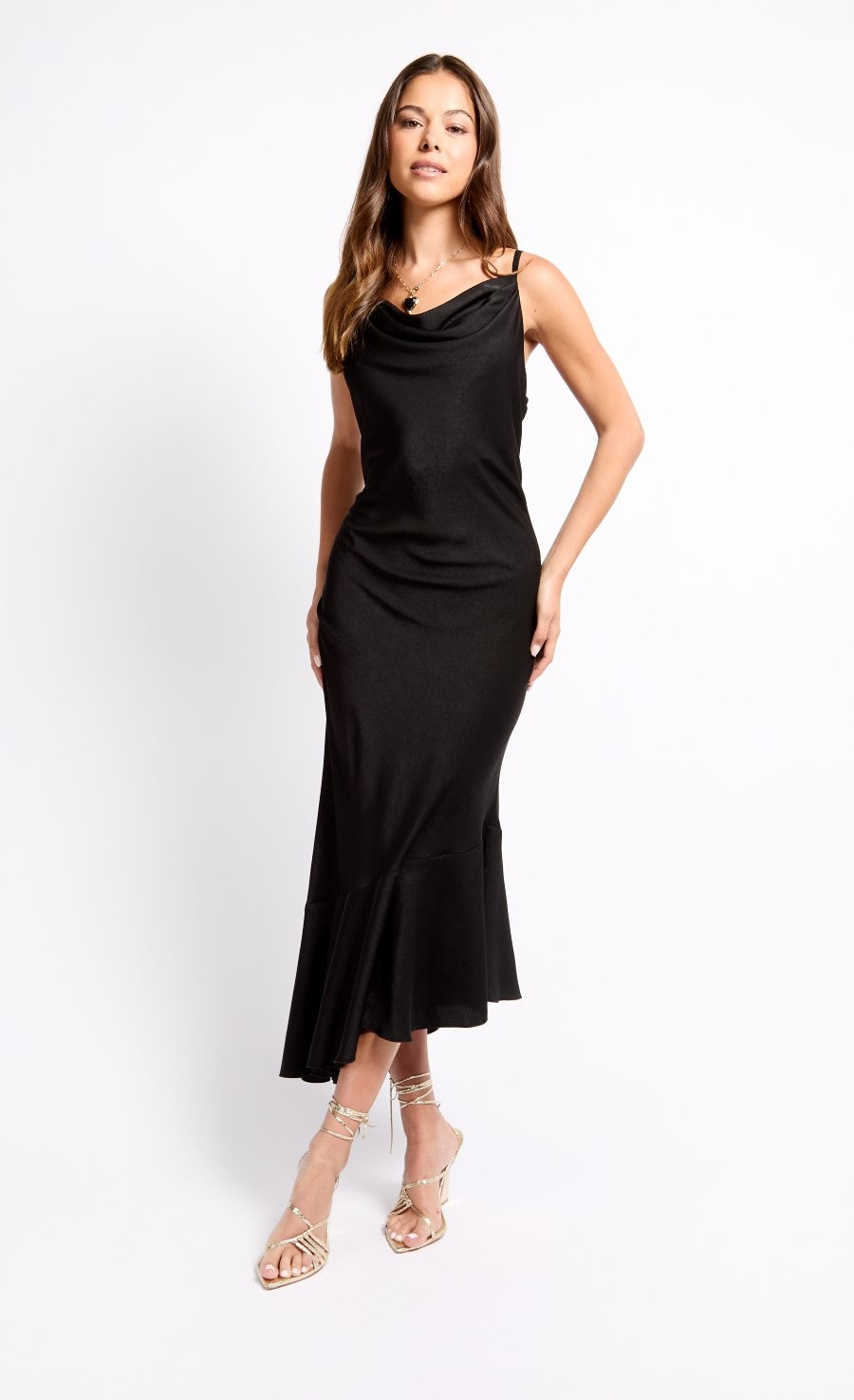 Black Satin Asymmetric Midaxi Dress