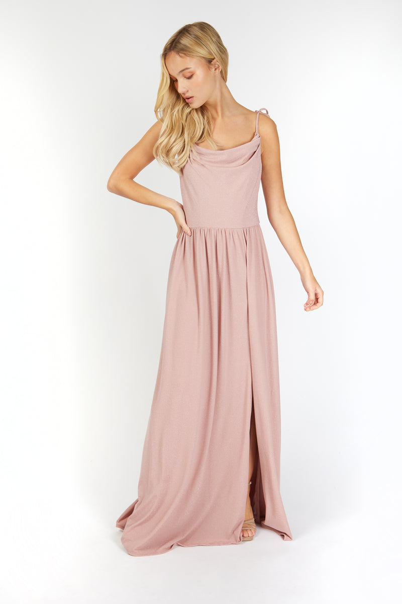 Ruth Pink Lurex Cowl Neck Maxi Dress