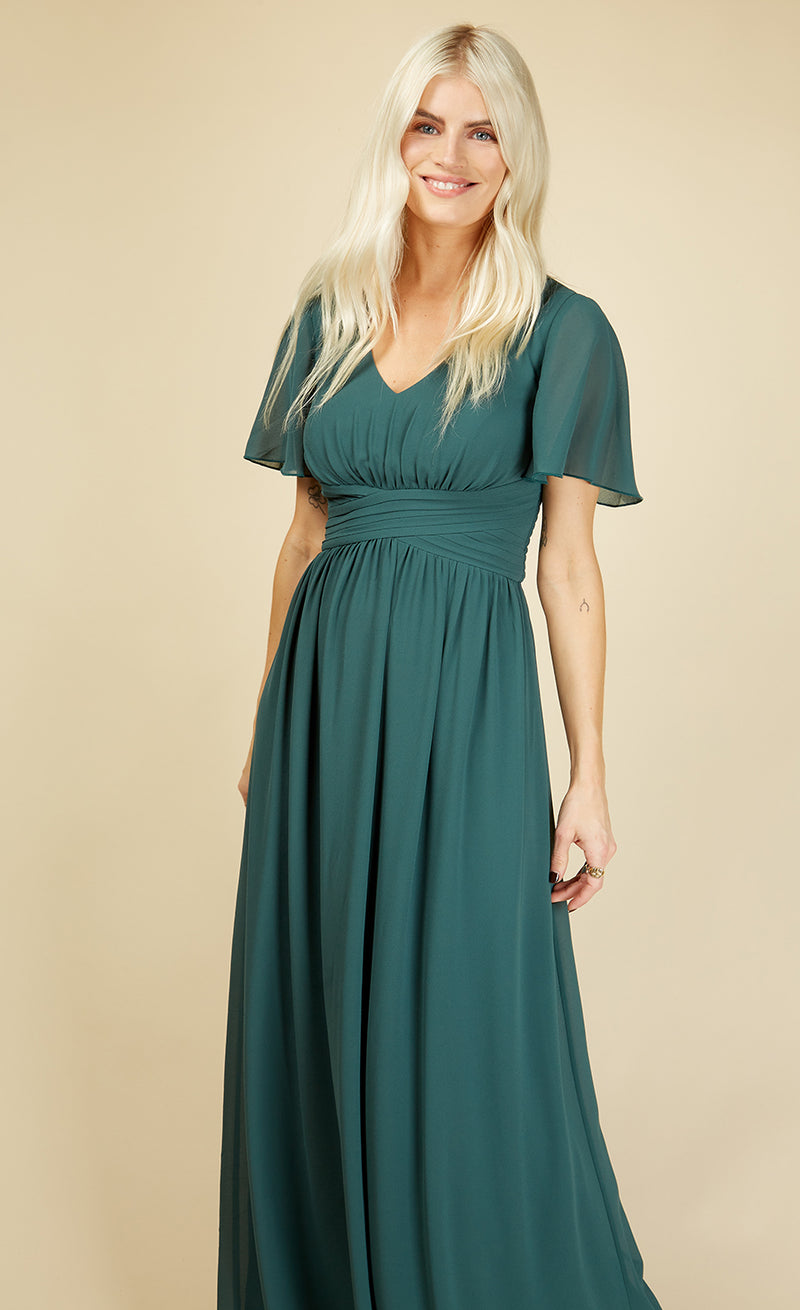 Russo Bridesmaid Pine Angel Sleeve Maxi Dress
