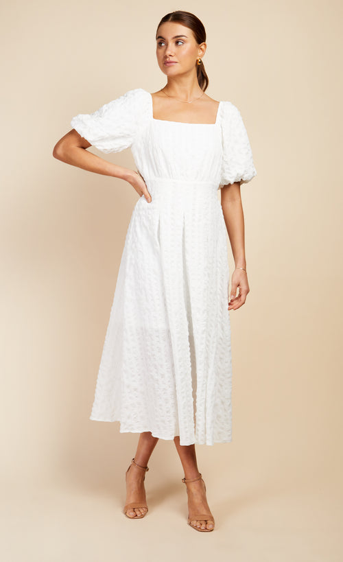 White Texture Puff Sleeve Midaxi Dress by Vogue Williams