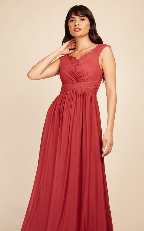 Gabi Bridesmaid Marsala Lace Trim Maxi Dress