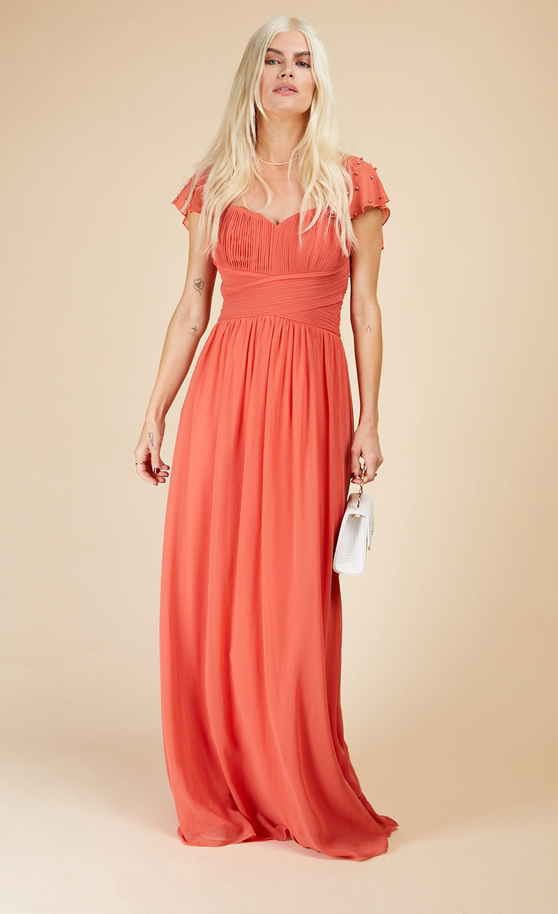 Coral Rose Embellished Sleeve Maxi Dress