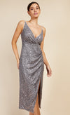 Silver Sequin Mock Wrap Midi Dress