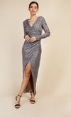 Silver Sequin Mock Wrap Maxi Dress