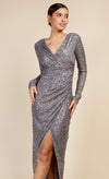 Silver Sequin Mock Wrap Maxi Dress