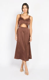 Chocolate Lace Trim Satin Midi Dress by Chloe LewisDressesDressesLittle Mistress