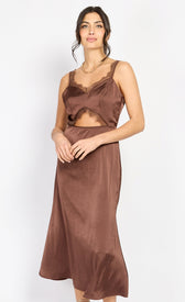 Chocolate Lace Trim Satin Midi Dress by Chloe LewisDressesDressesLittle Mistress