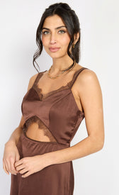 Chocolate Lace Trim Satin Midi Dress by Chloe LewisDressesDressesLittle Mistress