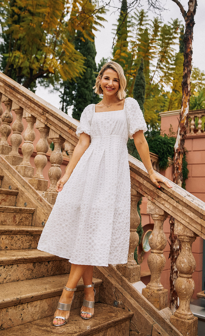 White Texture Puff Sleeve Midaxi Dress by Vogue Williams