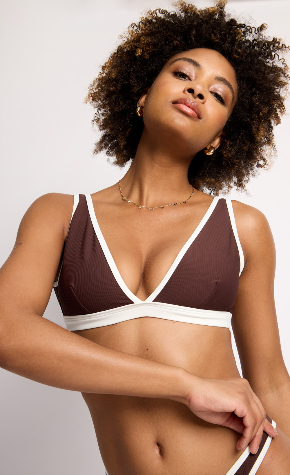 Brown Contrast Rib Bikini Top