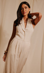 Cream Halter Neck Jumpsuit With Linen