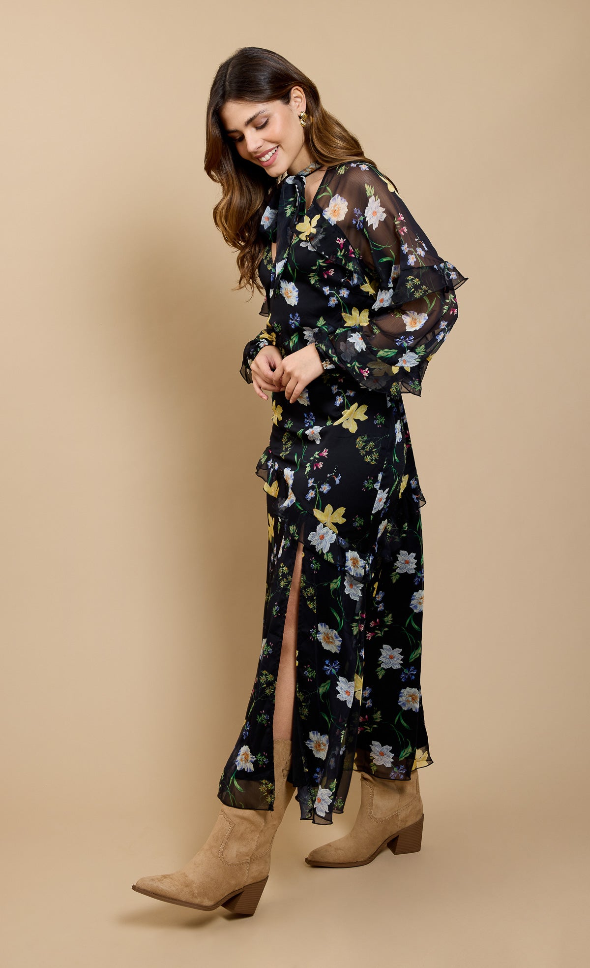 Liora Black Floral Print Frill Midaxi DressDressesFrill DressLittle Mistress