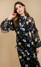 Liora Black Floral Print Frill Midaxi DressDressesFrill DressLittle Mistress