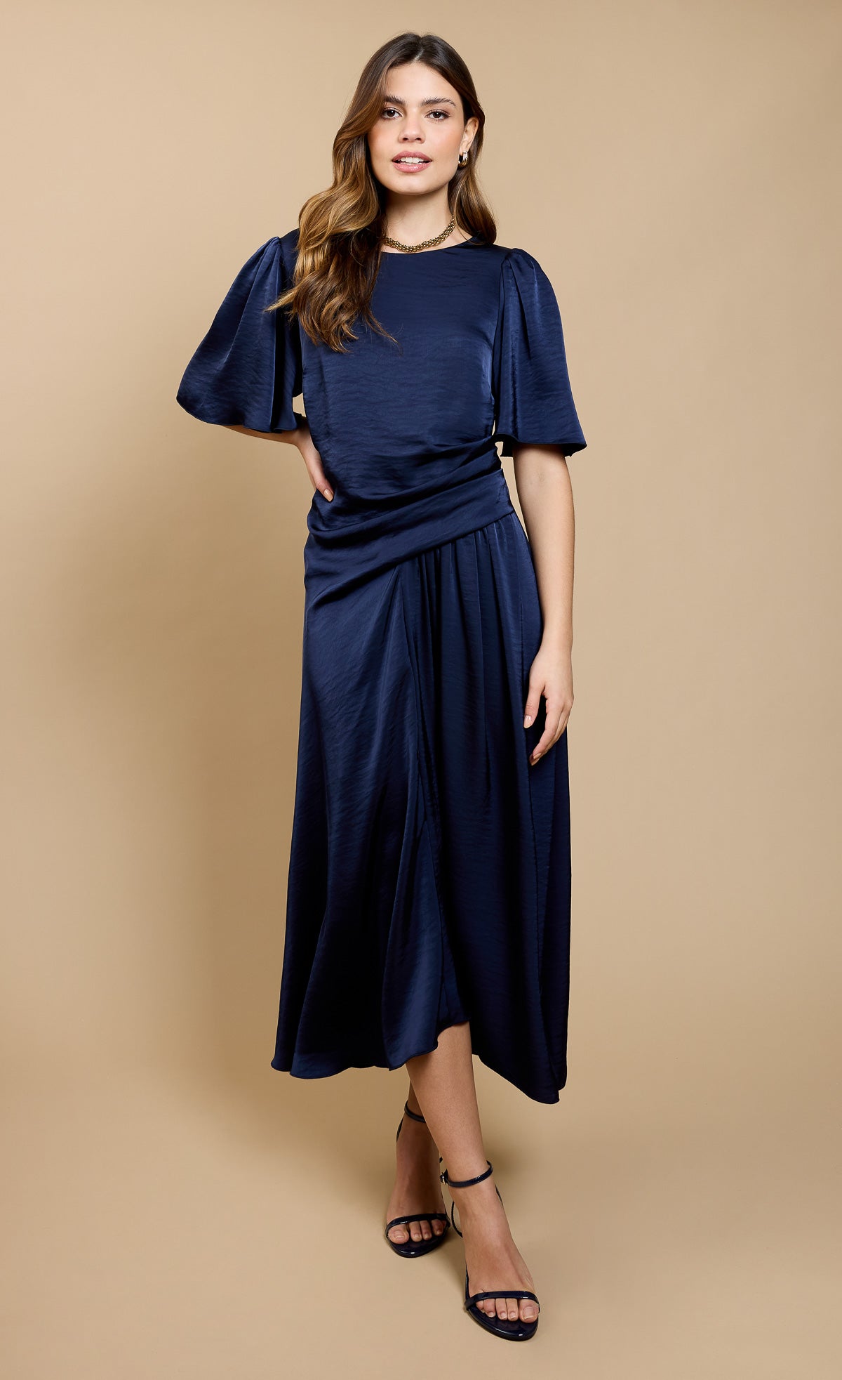 Navy Satin Gathered Midaxi Dress by Vicky Pattison