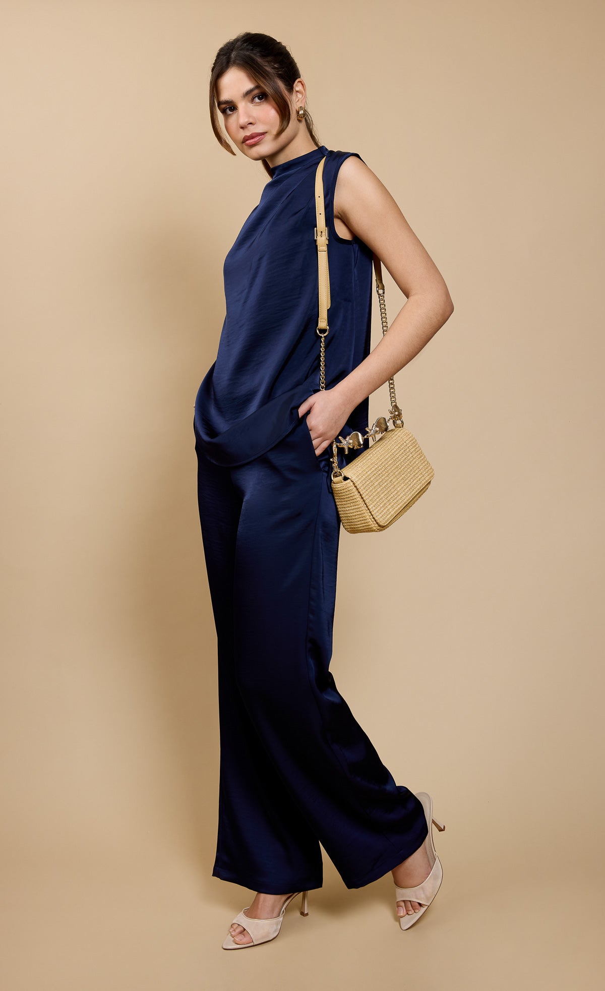 Navy Satin Wide Leg Trousers by Vicky Pattison