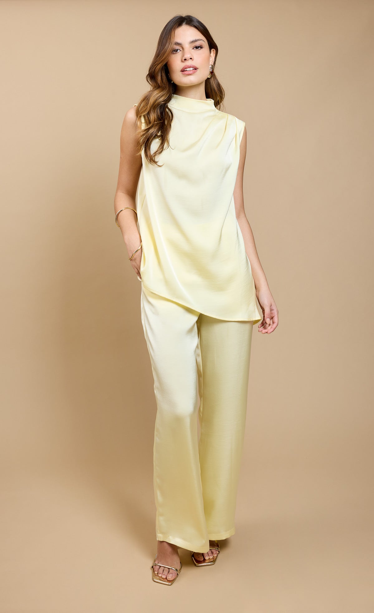Lumi Lemon Satin Wide Leg Trousers by Vicky PattisonTrousersTrousersLittle Mistress
