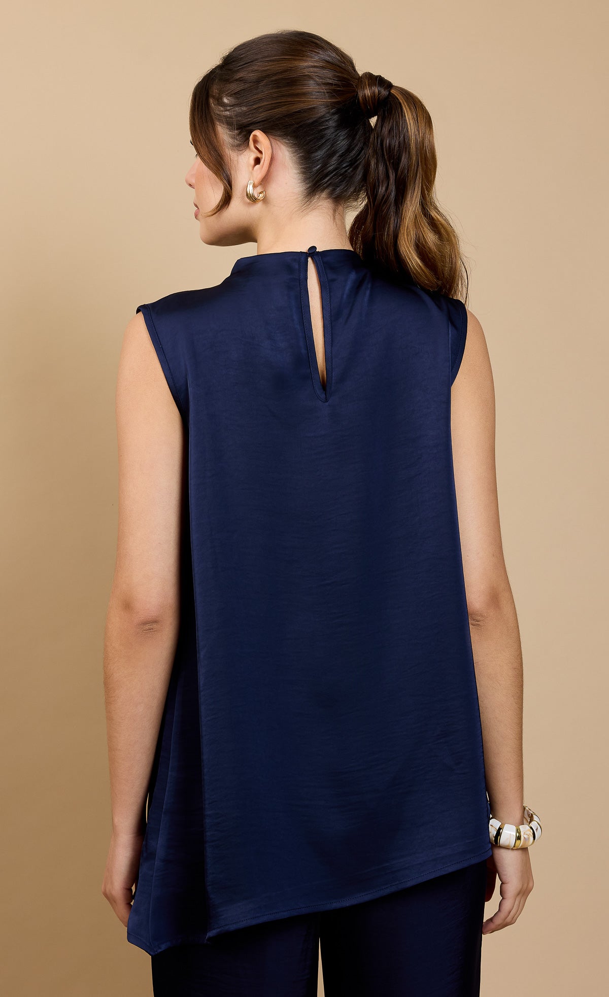 Navy Satin Asymmetric Drape Top by Vicky Pattison