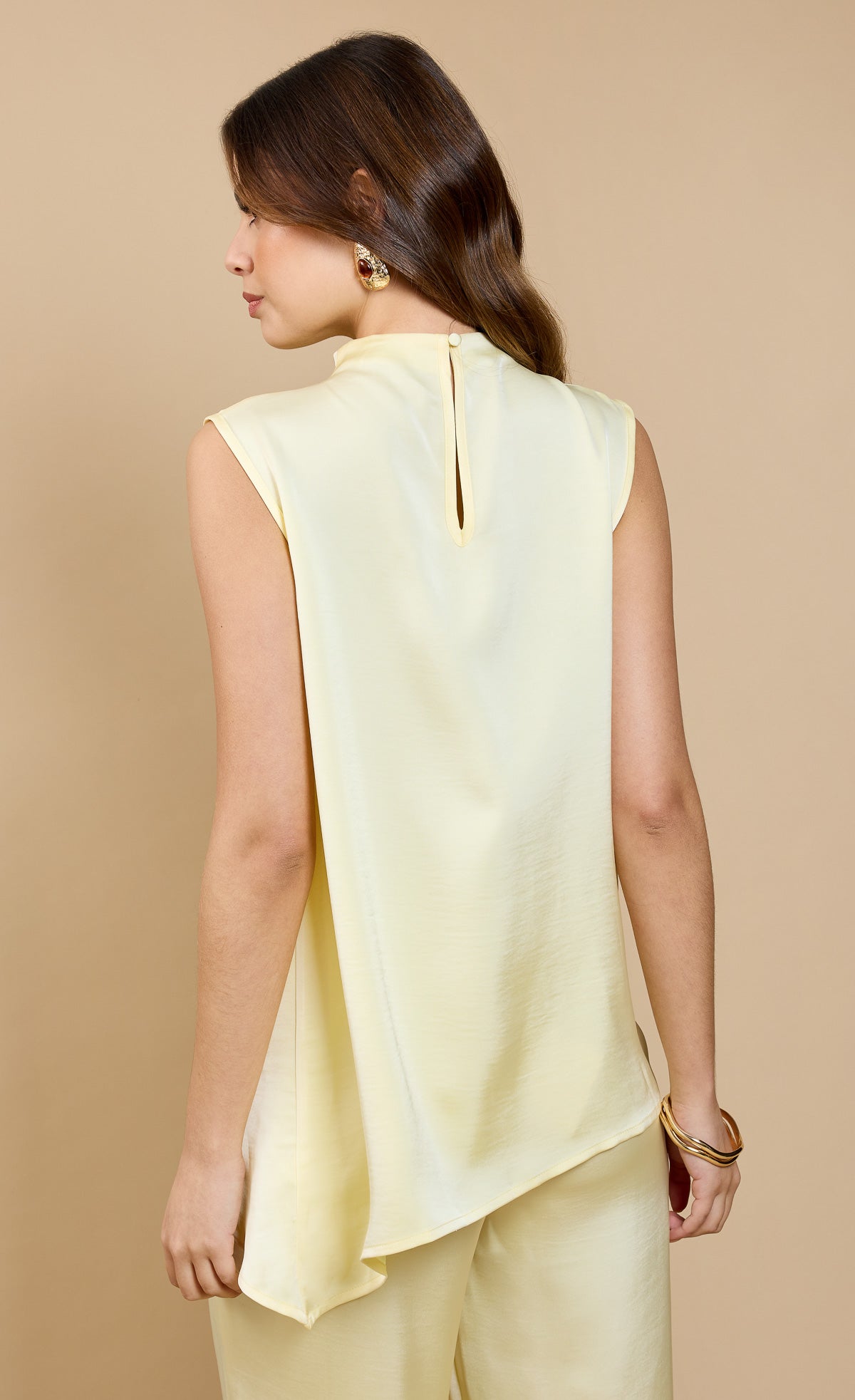 Lemon Satin Asymmetric Drape Top by Vicky Pattison