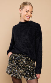 Black Soft Jumper with Bow Detail by Vicky Pattison styled with shimmering shorts, perfect for day to night looks.