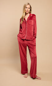 Burgundy Fleece Trouser Pyjama Set by Vicky Pattison, featuring a collared top and wide-leg trousers.
