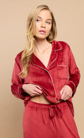 Burgundy Fleece Trouser Pyjama Set by Vicky Pattison featuring a collared top and wide-leg trousers.