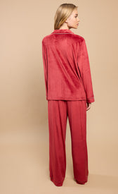 Burgundy Fleece Trouser Pyjama Set by Vicky Pattison worn from the back, showcasing soft fleece fabric.