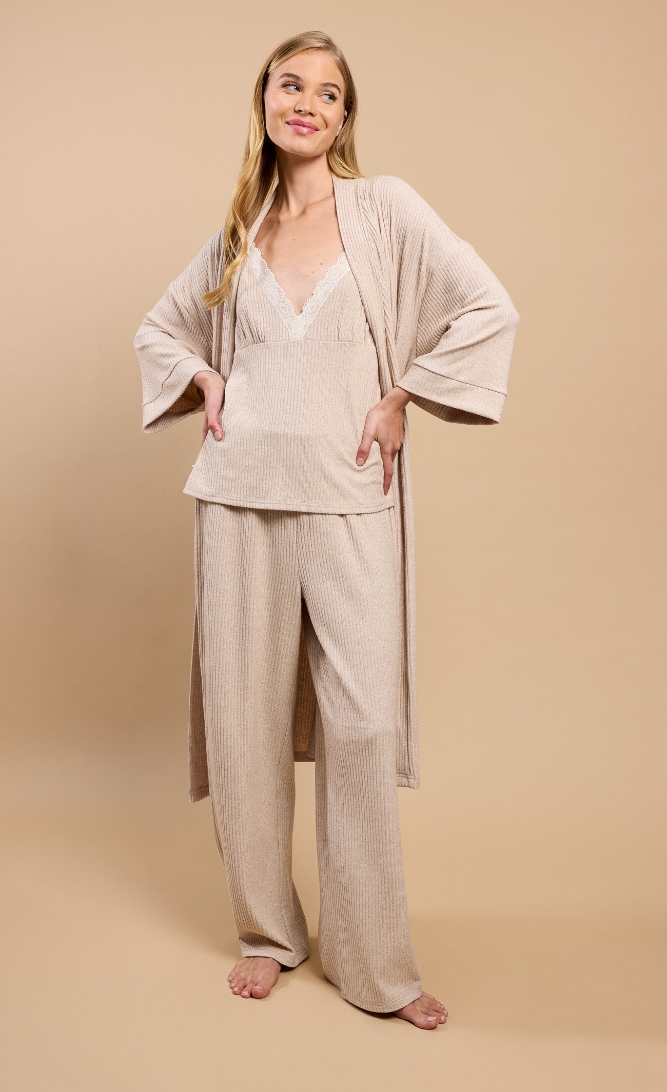Oatmeal Ribbed Dressing Gown by Vicky Pattison