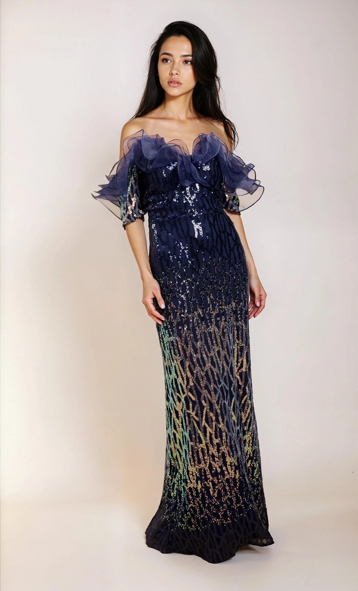 Thalia Navy Sequin Ombre Maxi Dress with Organza Ruffle Neckline