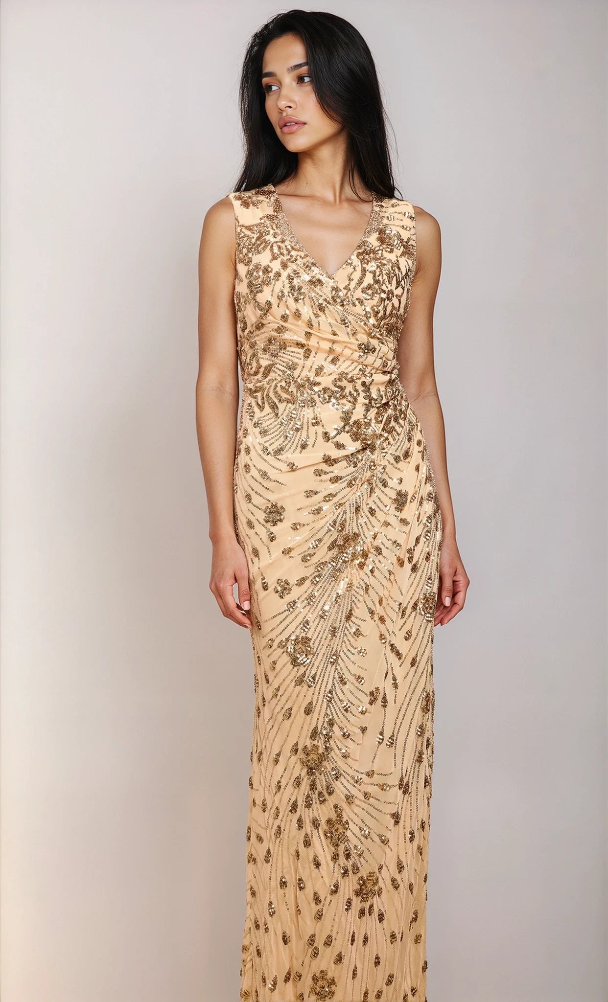 Nadia Gold Sequin Embellished Side Gather Maxi Dress